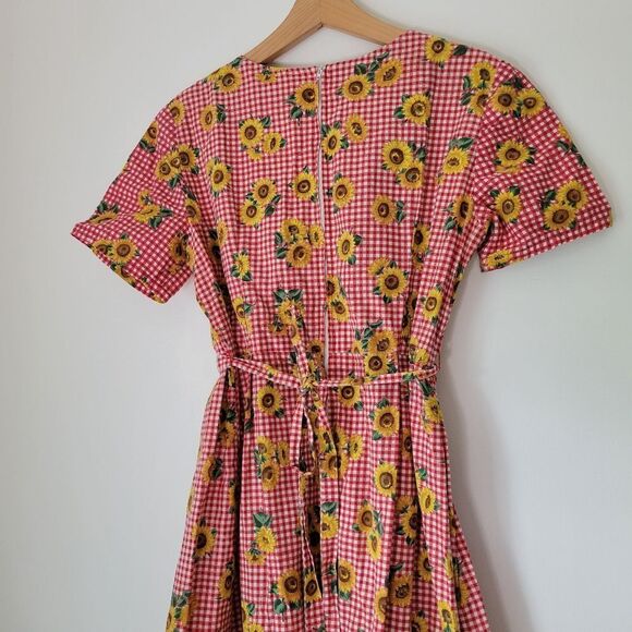 Handsewn Red Gingham Sunflower Midi Dress Pleated Scoop Neck M - Picture 6 of 8